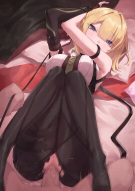 1boy absurdres black_pants blonde_hair breasts clothed_sex evelyn_chevalier female gueya hair_between_eyes head_on_pillow highres knees_up large_breasts looking_at_viewer lying male missionary mole mole_under_eye on_back pants penis pillow pov purple_eyes pussy sex shirt solo_focus straight sweat torn_clothes torn_pants uncensored vaginal_penetration white_shirt zenless_zone_zero