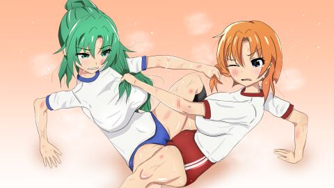 07th_expansion 2girls bernhardlescat bite_mark bloomers breasts buruma catfight crying female green_eyes hair_pulling higurashi_no_naku_koro_ni large_breasts lesbian lesbian_sex lesbians orange_hair ryuuguu_rena scratch_marks sonozaki_mion spread_legs tears tribadism tribadism_through_clothing yuri