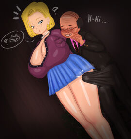 1boy 1girls 3d :d :o ? absurd_res absurdres android_18 aqua_eyes big_breasts blonde_hair breasts cheating cheating_wife cleavage collar dragon_ball dragon_ball_z english_text erection erection_under_clothes female glasses hi_res high_resolution highres jewelry looking_at_another male married_female mature mature_female milf netorare ntr older_male open_mouth open_smile size_difference smile speech_bubble surprised text ugly_bastard vyrus_smith