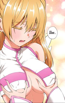 2.5_jigen_no_ririsa amano_ririsa bare_belly bare_shoulders big_breasts blush breasts closed_eyes cosplay detached_sleeves female hashimoto_yuu liliel_(cosplay) long_hair manga nonoa_(2.5_jigen_no_ririsa) official_art open_mouth orange_hair sweatdrop touching_breast twintails underboob yuri