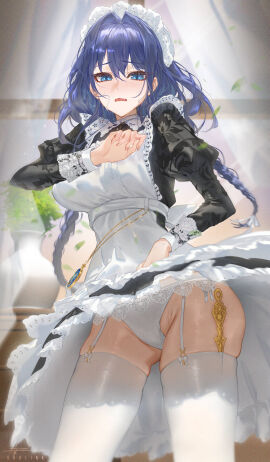 1girls absurdres apron black_dress blue_eyes blue_hair blush braid breasts dress embarrassed female frilled_dress frilled_wrist_cuffs frills furrowed_brow garter_straps gluteal_fold groin highres hololive hololive_english hololive_english_-council- hololive_english_-promise- juliet_sleeves large_breasts long_hair long_sleeves looking_at_viewer low_twin_braids maid maid_apron maid_headdress motion_blur ouro_kronii ouro_kronii_(maid) panties pantyshot pocket_watch puffy_sleeves shalink solo thighhighs twin_braids underwear virtual_youtuber watch wavy_mouth weapon_in_legwear white_apron white_garter_straps white_panties white_thighhighs wind wind_lift wrist_cuffs