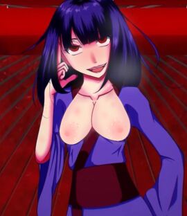 bite breasts breasts_out edit edited ell182a_(masa_works_design) emi_(kitsune_no_hanashi) eyes_rolling_back hand_on_head horny horny_face horny_female japanese_clothes kimono masa_works_design moondaliy nipples oni_to_kitsune_no_hanashi open_mouth pink_lips purple_clothing purple_hair red_background red_eyes smile smiley_face