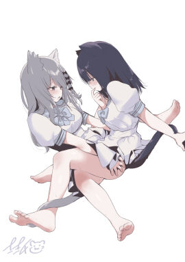 2girls animal_ears barefoot black_hair bow bowtie cat_ears cat_girl cat_tail commentary_request dress feet female finger_to_mouth grey_bow grey_bowtie grey_eyes grey_hair hand_on_another's_thigh highres long_hair multiple_females multiple_girls open_mouth original puffy_short_sleeves puffy_sleeves saki_chisuzu school_uniform short_sleeves simple_background smile soles sweat tail toes white_background white_dress yuri