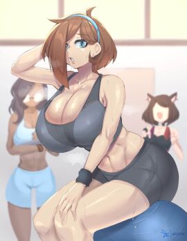 3girls arm_behind_head arm_up artist_name artist_signature ascari_megane_(aurahack) ass background_character background_characters belly big_breasts blue_eyes breasts breasts_bigger_than_torso brown_hair catherine_(aurahack) cleavage color colored deep_cleavage exercise_ball eye_contact female female_focus female_only front_view geistbox gym hair hair_over_one_eye hand_in_hair hand_on_head hand_on_own_head headband hi_res high_resolution highres hips huge_breasts human human_only large_breasts light-skinned_female light_skin lips looking_at_viewer medium_hair one_eye_covered one_eye_obstructed open_mouth pose posing shorts side_view signature sitting smile smiling smiling_at_viewer solo_focus sports_bra sportswear standing stomach straight_hair sweat sweatdrop sweating sweaty sweaty_body sweaty_breasts thighs tight_clothes tight_clothing tight_fit tight_pants tight_shirt tight_shorts yoga_ball