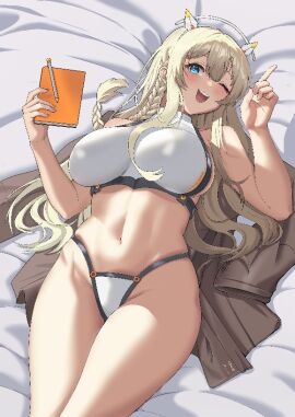 1girls belly belly_button blonde_hair blue_eyes blush braid breasts female female_only goddess_of_victory:_nikke large_breasts long_hair lying lying_on_back lying_on_bed midriff one_eye_closed open_mouth panties thighs tove_(nikke) upper_teeth wide_hips