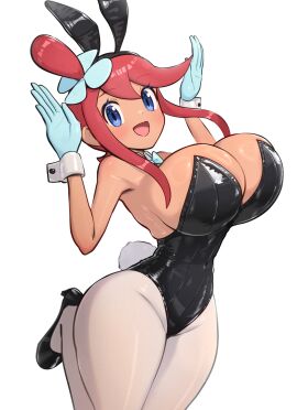 1girls ass black_leotard blue_eyes breast_fondling breasts bunny_ears bunny_girl bunnysuit busty female female_only gonzarez huge_ass huge_breasts human large_breasts leotard looking_at_viewer pokemon skyla_(pokemon) slim_waist smile smiling_at_viewer solo solo_female strapless strapless_leotard wide_hips