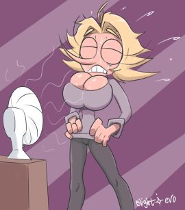 1girls barely_contained_breasts blightstar blonde_hair breasts cleavage cleavage_overflow closed_eyes cooling_off fan fanart_from_twitter female hands_on_hips long_nose massive_breasts original original_character patty_(pepperonpatty) pointy_nose solo standing sweat sweatdrop sweater tagme teeth tight_clothing tights