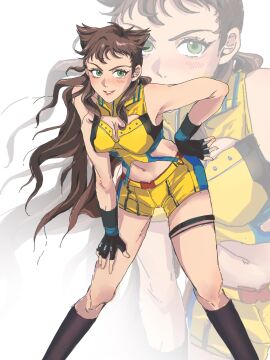 1girls adapted_costume bent_over blush breasts brown_hair cleavage crutch_c deadpool_&_wolverine_(2024) female fingerless_gloves genderswap genderswap_(mtf) gloves green_eyes hand_on_own_hip hand_on_own_thigh kneehighs long_hair marvel marvel_cinematic_universe marvel_comics medium_breasts navel rule_63 shorts sleeveless smile socks solo teeth very_long_hair wolverine_(x-men) x-men yellow_shorts