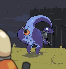 2023 absurd_res alien anal anal_masturbation anthro anthro_focus anus armor ass backsack balls ballsack bent_over big_ass big_butt bodily_fluids claws clothing cloud commando_(risk_of_rain) countershade_butt countershade_tail countershading dripping duo empty_eyes forked_tongue gauntlets genital_fluids genitals glistening glistening_body gloves half-erect handwear headgear helmet hi_res huge_ass huge_butt humanoid large_insertion lemurian looking_back male male_focus masturbation mostly_nude object_in_ass outside pauldron penetration penis perineum precum precum_drip presenting presenting_hindquarters purple_body purple_scales raised_tail risk_of_rain scales scalie sky smile solo_focus spicemanart standing tail thick_thighs toe_claws tongue tongue_out