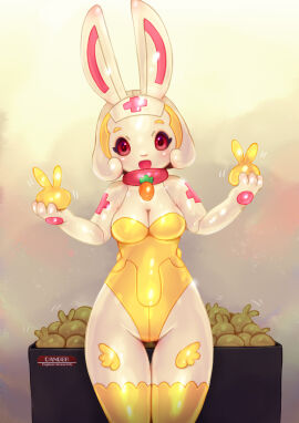 2023 anthro breasts clothing collar female hat headgear headwear hi_res lagomorph legwear light_blush machine mammal nurse_clothing nurse_hat nurse_headwear petroid rabbit_ears red_eyes robot solo stockings tetetor-oort vanilla_(tetetor-oort) yellow_clothing yellow_legwear yellow_stockings