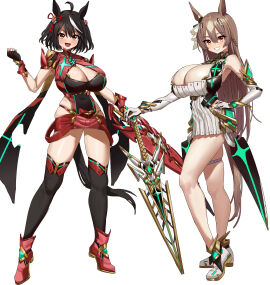 2girls animal_ears animal_humanoid bare_legs bare_shoulders big_breasts black_hair blush breasts breasts_bigger_than_head brown_eyes brown_hair busty cleavage cleavage_cutout clothing_cutout cosplay crossover_cosplay dress elbow_gloves feipin_zhanshi female female_only fingerless_gloves footwear gloves hair_ornament hand_on_hip holding_weapon horse_ears horse_girl horse_tail huge_breasts kitasan_black_(umamusume) large_breasts leotard long_hair looking_at_viewer multicolored_hair mythra_(cosplay) open_mouth pyra_(cosplay) red_eyes satono_diamond_(umamusume) shoes short_hair skirt smile streaked_hair sword thick_thighs thigh_strap thighhighs tied_hair umamusume white_hair xenoblade_(series) xenoblade_chronicles_2