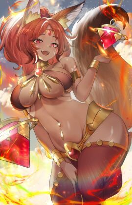 afk_(series) afk_arena afk_journey armlet bracelet dark_skin female fox_girl harem_outfit red_eyes satrana tagme teddypocky