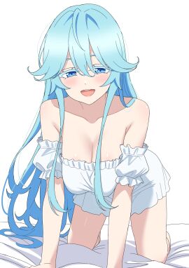 all_fours bare_legs bare_shoulders bare_thighs big_breasts blue_eyes blue_hair blush breasts cleavage collarbone dress elfaria_albis_serfort female long_hair norigure18 off_shoulder open_mouth shiny_skin smile thighs tsue_to_tsurugi_no_wistoria white_dress