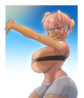 ass blue_eyes booty_shorts breasts dark_skin female hair_wings hololive hololive_japan holox huge_ass huge_breasts huge_thighs pink_hair sunlight takane_lui tan_body tan_lines virtual_youtuber wings