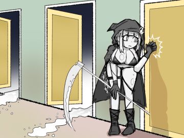 blunt_bangs breasts death_knocking_on_doors_(meme) female grim_reaper holding_weapon hood large_breasts meme original original_character revealing_clothes scythe short_hair suggestive_fluid