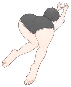 1girls ass barefoot black_eyes black_hair black_shorts bob_cut cameltoe cat_stretch female full_body issakawaguchi midriff original original_character pussy shirt short_hair short_shorts short_sleeves shorts simple_background solo stretching top-down_bottom-up white_background white_shirt