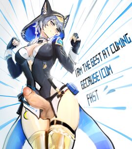 animal_ears anime cat_ears cat_girl cipher_(honkai:_star_rail) female futanari gloves grey_hair honkai:_star_rail intersex not_porn smugirls stockings text tight_clothing