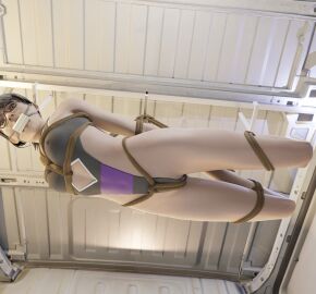 1girls 3d bondage brooke_scott female female_only from_below gag gagged glasses hapsters1 life_is_strange:_true_colors one-piece_swimsuit shibari_over_clothes solo suspension suspension_bondage swimsuit