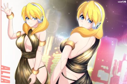 1girls alia big_breasts blonde_hair blue_eyes breasts female gold_dress gold_g-string mega_man mega_man_x mega_man_x_dive robarts_hallway robot_girl