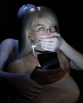 1girls 3d barcode black_choker blender blender_eevee blonde_hair blue_eyes breasts choker cross_earrings cross_necklace female glasses grabbing grabbing_from_behind grabbing_wrist grace_(osimai) hand_over_another's_mouth hand_over_mouth handgag huge_breasts iphone kidnapping looking_at_viewer nose_piercing nose_ring original_character osimai pale_skin phone pleated_skirt shocked shocked_expression skirt tank_top undead vampire vampire_girl