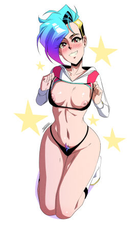 1girls bikini blue_hair breasts breasts_out female fitiddies hoodie looking_at_viewer luna_(spacyluna) multicolored_hair multicolored_pubic_hair navel nipples original original_character pink_eyes pubic_hair pubic_hair_peek small_breasts smiling smiling_at_viewer spacyluna