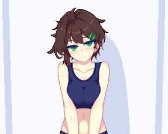 ahoge animated blue_sports_bra blush breasts brown_hair clothes_lift collarbone female furumero green_eyes hair_ornament hairclip hanekenomichi-chan hurumero long_hair looking_at_viewer medium_breasts navel nipple_stimulation nipple_tweak nipples original pixel_animation pixel_art solo sports_bra sports_bra_lift sweat underwear