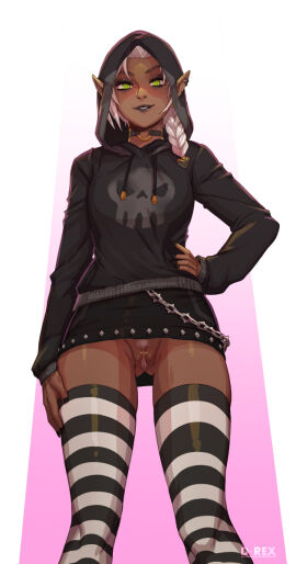 1girls black_choker black_hoodie black_nails black_skirt braid chains choker d-rex dark-skinned_female dark_skin elf feet_out_of_frame female female_only green_eyes highres hood hood_up hoodie long_hair nail_polish o-ring original piercing pointy_ears pussy pussy_piercing skirt skull_print sleeves_past_wrists smile solo stockings striped_clothes striped_thighhighs teeth thighhighs white_background