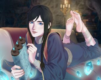 1girls 2024 2d 2d_(artwork) arm_wraps armwear barefoot black_hair blue_dress blue_eyes braided_hair candle clothed clothed_female crystal dr.hw. elden_ring feet feet_in_the_pose feet_together feet_up female female_only foot_fetish foot_focus fromsoftware leg_wrap legwear looking_at_viewer lying lying_on_stomach magic necklace pale-skinned_female pale_skin powers questionable scroll sfw showing_feet smile smiling_at_viewer soles solo solo_female sorceress_sellen the_pose video_game_character white_skin wizard