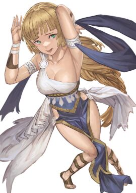 1girls alternate_costume blonde_hair breasts cleavage daisuke_6897 dancer dancer_(three_houses) dancer_outfit female fire_emblem fire_emblem:_three_houses frown gladiator_sandals green_eyes ingrid_brandl_galatea large_breasts nintendo open_mouth skeb_commission thighs