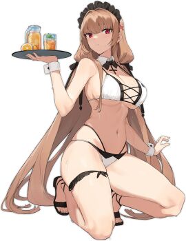 azur_lane bare_shoulders bikini black_background black_bow black_footwear black_headband blonde_hair blush bow bowtie breasts brown_hair cg cleavage closed_mouth cross cross-laced_clothes cup detached_collar drink drinking_glass female frilled_hairband frills full_body hair_ornament hair_ribbon hairband high_heels highleg highleg_bikini holding holding_tray ice_cube kneeling large_breasts light_brown_hair long_hair looking_at_viewer maid_bikini maid_headdress mole mole_under_mouth multi-strapped_bikini navel official_alternate_costume official_art on_one_knee red_eyes sandals sideboob sidelocks simple_background skindentation solo stomach string_bikini swiftsure_(azur_lane) swiftsure_(midsummer_special_service)_(azur_lane) swimsuit thigh_strap thighs transparent_background tray twintails two-tone_bikini unconventional_maid underboob very_long_hair wet white_bikini wrist_cuffs