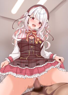 absurdres amagi_ten beret blush breasts censored clothed_sex commentary_request commission cowgirl_position female grey_hair hair_ornament hat heavy_breathing highres indie_virtual_youtuber long_hair looking_at_viewer mokocchi_(susanootransam) motion_lines pixiv_commission pov pubic_hair red_eyes sex simple_background straddling virtual_youtuber