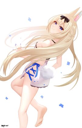 1girls animal_ears ass bangs bare_shoulders barefoot bikini bikini_top black_bow blonde_hair blue_butterfly blue_eyes blue_nails blush bow breasts bug bunny_ears bunny_girl butterfly closed_mouth daddraw diagonal_stripes eyebrows_visible_through_hair eyewear_on_head feet female full_body hair_between_eyes hair_bow hair_ornament insect leg_up long_hair looking_at_viewer looking_back nail_polish ribbon see-through small_breasts smile soles solo standing standing_on_one_leg striped striped_background striped_bow swimsuit tail toes vertical_stripes very_long_hair virtual_youtuber vyugen white_background yenko