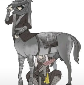 1boy 1boy1girl 1girls armor armored_male black_hair bottomless_male centaur clenched_fist clenched_hand clenched_hands clothed_female clothing embarrassed faust_(limbus_company) faust_(project_moon) female fists_clenched hat horse horse_ears horse_man horse_penis horse_tail horseballs horsecock leg_armor limbus_company luoyerrrr m masturbation project_moon rabbit rabbit_ears rabbit_girl sitting_female squat squatting standing standing_male standing_male_sitting_female standing_masturbation stroking stroking_cock stroking_dick stroking_penis tilted_headwear white_hair yi_sang_(limbus_company) yi_sang_(project_moon)
