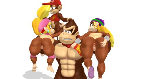2boys 2girls 3d 3d_(artwork) abs anthro anus ape ass blonde_hair blowjob blue_eyes diddy_kong dixie_kong donkey_kong donkey_kong_(series) female female_focus flexing green_eyes haplorhine hinjy4 in_arms male monkey monkey_girl monkey_humanoid primate pussy smirk straight strong tiny_kong transparent_background white_background