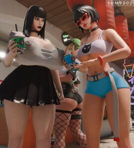 3d 3d_(artwork) 3girls angry_expression angry_face big_breasts black_hair black_lips black_lipstick boba_tea breasts breasts_bigger_than_head cap charlotte_(fortnite) clothed_female curvy curvy_body curvy_female curvy_hips epic_games evie_(fortnite) female female_focus female_only fortnite fortnite:_battle_royale helsie_(fortnite) high_resolution highres holding holding_object huge_breasts huge_nipples makeup multiple_females multiple_girls nipples_visible_through_clothing smoothie sunglasses superhentaimaster9000 tight_clothing tight_fit tinted_eyewear voluptuous voluptuous_female x_redeyes yellow_hair