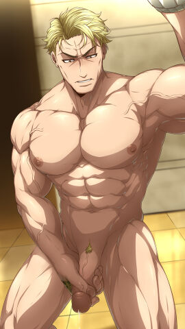 1boy balls bara blonde_hair cum cum_drip cum_dripping_from_penis daddy erection genital_fluids jujutsu_kaisen kento_nanami kuroshinki male male_focus male_nipples male_only masturbation mature_male muscular muscular_male nipples penis precum precum_drip solo_male yaoi