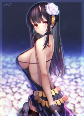 1girls absurd_res absurdres black-haired_female black_background black_hair blurred_background blurry_background breasts dark_background dot_nose elbows female female_focus female_only flower_hair_ornament groin hair_ornament half_naked high_resolution highres horn large_breasts legwear leotard light-skinned_female light_skin long_hair looking_at_viewer lordol naked naked_female nude nude_female original original_art original_artwork original_character ponytail red-eyed_female red_eyes shoulders sideboob simple_background slender_body slender_waist slim_female slim_waist solo standing stockings thighhighs thin_waist upper_body v-line white_flower