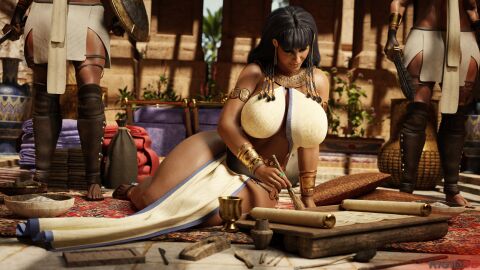 1girls 3d armlet black_hair bracelet breasts cleopatra curvy dark-skinned_female dark_skin easy_access egypt egyptian egyptian_clothes egyptian_female egyptian_makeup female history huge_breasts jewelry rigid3d scroll sitting thick_thighs