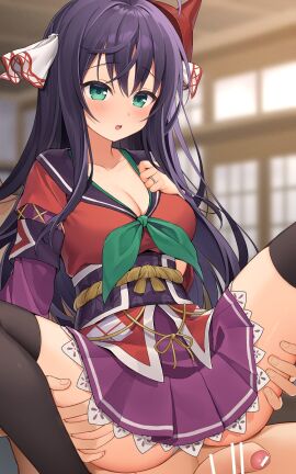 1boy black_hair black_thighhighs blush breasts cleavage emil_chronicle_online female foreskin grabbing_another's_ass green_eyes groping hair_between_eyes hair_ribbon highres indoors japanese_clothes kimono kiyohime_lore large_breasts long_hair male open_mouth penis raised_inner_eyebrows ribbon takanashi_(takanashi_tkns) thighhighs tight_foreskin uncircumcised