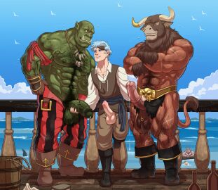 abs animal_genitalia animal_penis arthropod avian balls balls_tuft bathing belt biceps bird bodily_fluids body_hair boots bottomwear bottomwear_aside bovid bovine broken_horn bucket chest_hair clothed clothing clothing_aside cloud container crossed_arms double_handjob ear_piercing elf equine_genitalia equine_penis erection european_mythology eye_patch eyewear facial_piercing fly_(animal) footwear foreskin fully_clothed genital_fluids genital_piercing genitals gloves greek_mythology green_balls green_penis group hair hairy handjob handwear hi_res holding_another's_penis holding_penis horn humanoid humanoid_genitalia humanoid_penis insects jewelry loincloth loincloth_aside looking_away lovkuma male male/male mammal medial_ring minotaur muscular muscular_male mythology necklace nose_piercing nose_ring on_one_leg open_bottomwear open_clothing open_mouth open_pants orc pants pecs penile penis piercing pirate precum pubes ring_piercing scrotum scrotum_piercing sex shark_fin shirt shoes sky smegma smelly standing sweat tail tail_tuft topless topwear trio_focus tuft tusks uncircumcised vest water wilson_(castaway) yaoi