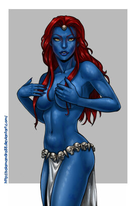 1girls blue_lipstick blue_skin breasts covering covering_breasts female loincloth long_hair marvel marvel_comics medium_breasts mystique red_hair salamandra88 solo solo_female x-men yellow_eyes