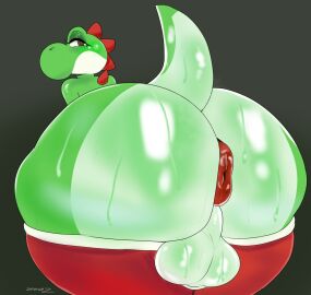 2025 anthro anus ass backsack balls ballsack big_ass big_butt bodily_fluids clothing english_description femboy genitals green_yoshi half-closed_eyes heart_eyes heart_symbol hi_res hyper hyper_ass hyper_butt legwear looking_back makeup male male_only mario_(series) mario_bros mascara narrowed_eyes nintendo perineum puffy_anus raised_tail rear_view red_anus red_clothing red_legwear red_stockings running_makeup running_mascara scalie simple_background solo stockings sweat sweaty_ass sweaty_butt tail yoshi zeraniumz