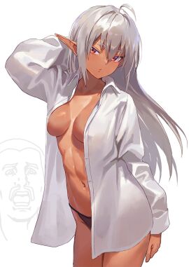 1girls absurd_res absurdres ahoge antenna_hair arm_behind_back arm_behind_head bare_belly bare_breasts bare_chest bare_hands bare_legs bare_midriff bare_navel bare_shoulders bare_skin bare_thighs belly belly_button black_panties black_underwear breasts cleavage collarbone dark-skinned_female dark_elf dark_elf_female dark_skin dot_nose elf female female_focus female_only fingers grey-haired_female grey_eyebrows grey_hair groin hair_between_eyes half_naked hand_behind_back hand_behind_head head_tilt high_resolution highres kinta_(distortion) legs lips long_hair looking_at_viewer medium_breasts naked naked_female navel nude nude_female open_clothes open_clothing open_shirt orange-eyed_female orange_eyes original original_art original_artwork original_character panties pointy_ears shirt shoulders sideboob silver-haired_female silver_hair simple_background slender_body slender_waist slim_female slim_waist solo standing tan-skinned_female thick_thighs thighs thin_waist tilted_head unbuttoned unbuttoned_shirt underwear upper_body v-line white_background white_shirt wide_hips