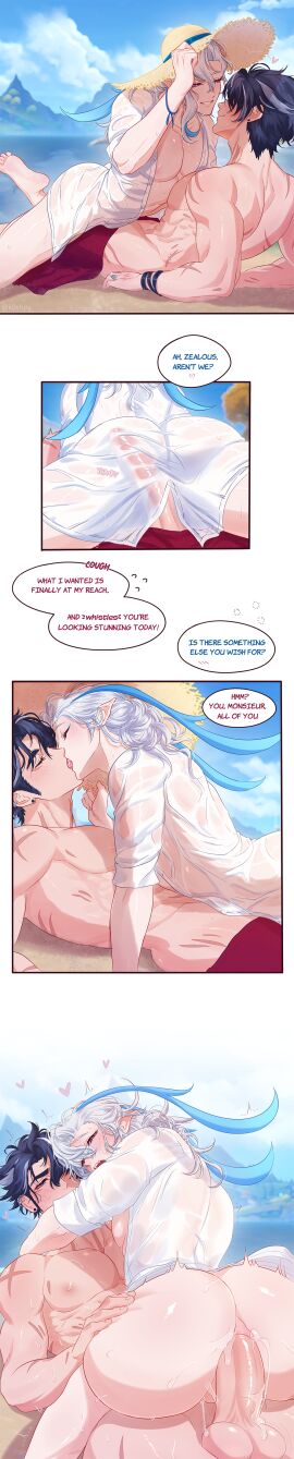 2boys abs anal anal_sex ass beach_sex big_penis complimenting_partner cum_in_ass dialogue flirting fontaine french_kiss gay gay_sex genshin_impact grinding_on_penis k0shpy kissing lying_on_another male muscular muscular_arms muscular_chest muscular_male neuvillette_(genshin_impact) partially_clothed penis pink_nipples riding_penis romantic_couple shirtless sitting_on_lap wriothesley_(genshin_impact)