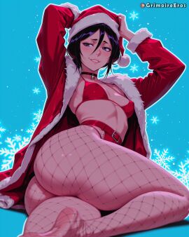 ai_generated arms_up artist_name ass bell belt bikini bikini_top_only black_hair bleach blue_background blush breasts choker christmas coat covered_nipples feet female fishnet_pantyhose fishnets fur-trimmed_headwear fur_trim grimoireeros grin hair_between_eyes hat jacket kuchiki_rukia looking_at_viewer neck_bell open_clothes pantyhose patreon_username purple_eyes red_bikini red_headwear santa_bikini santa_costume santa_hat short_hair small_breasts smile snowflakes solo swimsuit thick_thighs thighs