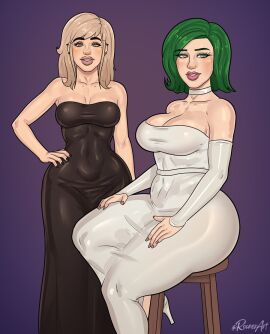 2girls alternate_version_available arm_at_side ass bare_arms bare_shoulders big_ass big_breasts black_dress black_nails blonde_hair blush breasts cerez_(rocner) choker collarbone curvy curvy_female curvy_figure detached_sleeves disgust disgust_(inside_out) disney dress eyebrows eyelashes female green_eyes green_hair hand_on_hip heels human humanization humanized inside_out inside_out_2 light-skinned_female light_skin lipstick long_dress long_eyelashes long_hair looking_at_viewer medium_breasts milf multiple_females multiple_girls nail_polish neck piercings pink_nails pixar purple_background rocner short_hair simple_background sitting slim_waist smiling smiling_at_viewer standing strapless strapless_dress thick_ass thick_eyebrows thick_hips thick_thighs tight_dress white_choker white_detached_sleeves white_dress wide_hips