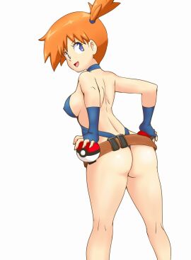 :d ass asymmetrical_hair back backless_outfit bare_shoulders belt blue_eyes blue_gloves breasts choker covered_erect_nipples creatures_(company) female female_focus fingerless_gloves from_behind game_freak gloves hair_tie hands_on_own_hips highleg highres holding holding_poke_ball huge_ass kasumi_(pokemon) kneepits large_breasts legs looking_at_viewer looking_back loose_belt medium_breasts misty_(the_electric_tale_of_pikachu) nintendo one-piece_swimsuit open_mouth orange_hair poke_ball poke_ball_(basic) pokemon pokemon:_the_electric_tale_of_pikachu pokemon_(anime) pokemon_(classic_anime) pokemon_rgby ponytail short_hair side_ponytail sideboob sleeveless smile solo standing suspenders swimsuit thick_thighs thighs tof