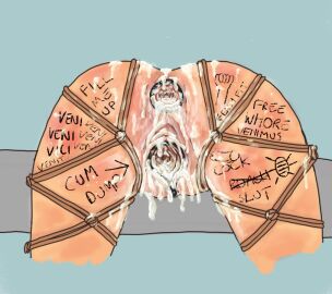 ass bondage cum cum_in_ass cum_in_pussy cum_inside female gaping gaping_anus gaping_pussy graffiti graffiti_on_body pussy