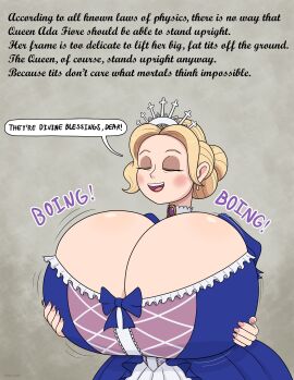 1girls 2d bee_movie benerusian big_breasts blonde_female blonde_hair blue_dress blush bouncing_breasts breasts breasts_bigger_than_head cleavage closed_eyes closed_eyes_smile clothed clothed_female clothing color crown cursive dialogue dress earrings english_text female funny giant_breasts grabbing_own_breast holding_breast huge_breasts humor hyper hyper_breasts jewelry light-skinned_female light_skin meme_reference milf noxshade older_female onomatopoeia original_character painted_nails pale-skinned_female pale_skin pendant pendant_choker queen queen_ada_fiore ribbon royal simple_background speech_bubble tagme text twitter_username white_background