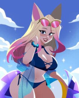 1girls ahri big_breasts bikini blonde_hair blue_eyes blue_sky bracelet breasts cleavage eyelashes female fox_ears k/da_ahri k/da_all_out_ahri k/da_all_out_series k/da_series league_of_legends lipstick long_hair looking_at_viewer navel pink_hair riot_games smile solo sunglasses sunglasses_on_head teddy_art two-tone_hair